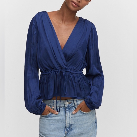 Mango Deep Blue Satin Wrap Blouse - Picture 1 of 10